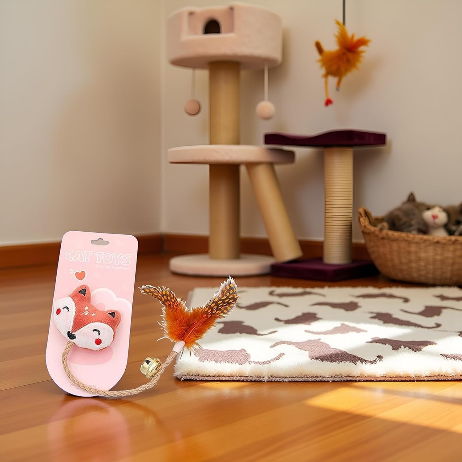 BWESOO Pink Foxes Interactive Toys for Cats, Play Toy Bell Design Anti-Scratch Linen Rope Cat Catnip Plush Toy for Indoor Cat and Kitten Exercise – Foxes Catnip Toys