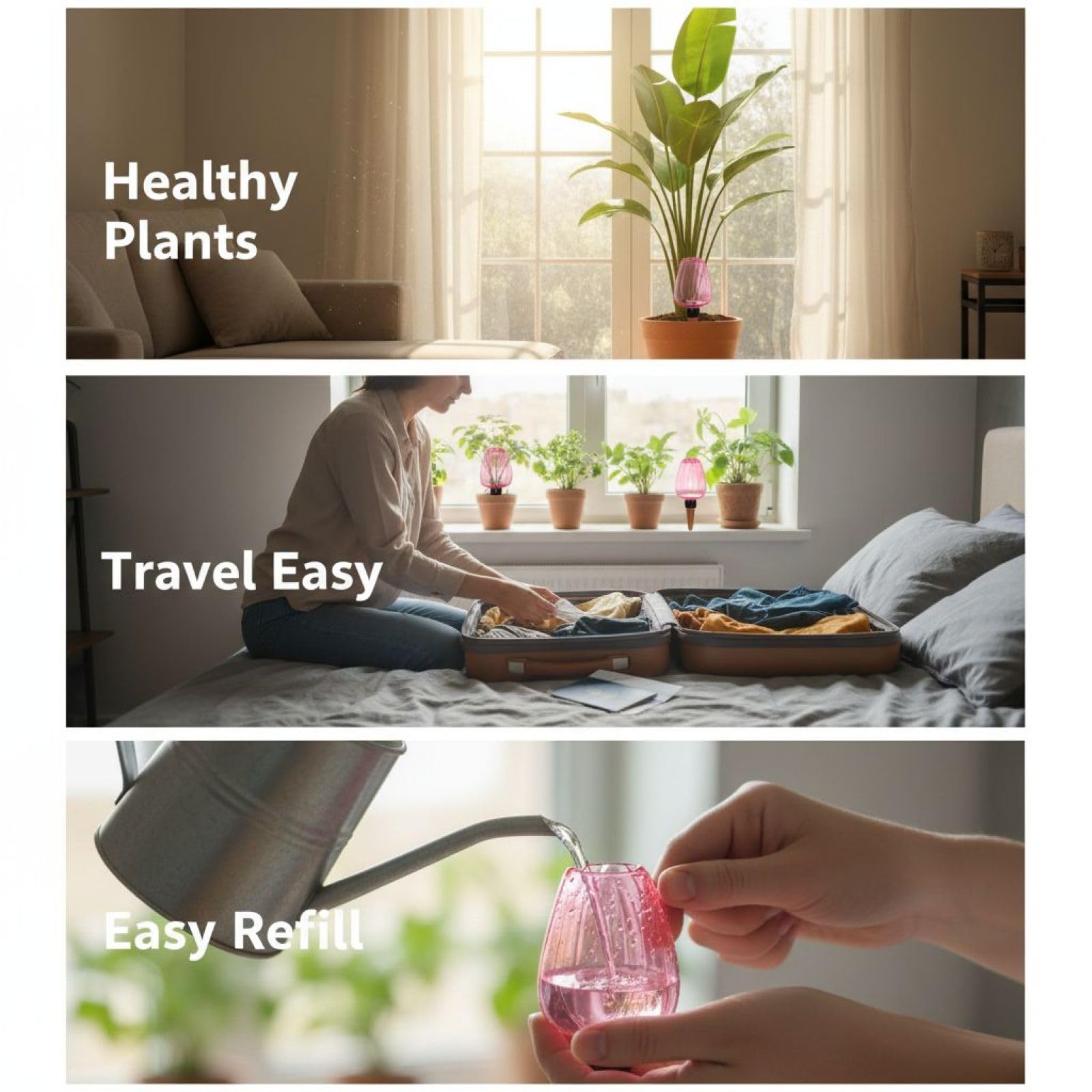 Lot de 3 Globes d'arrosage Automatique pour Plantes, Forme de Rose Rose, Diffusion Lente, capacité de 350 ML, Hauteur de 17,5 cm, pour Plantes en Pot intérieur, Vacances et décoration