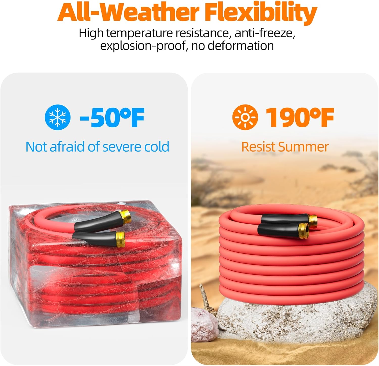 Hot/Cold Heavy Duty Water Garden Hose -50℉ to 190℉, Water Garden Hose 50 ft x 5/8'', 600Psi & Lightweight & Flexible Rubber Hose with 3/4'' Brass fittings for Outdoor, Yard, RV