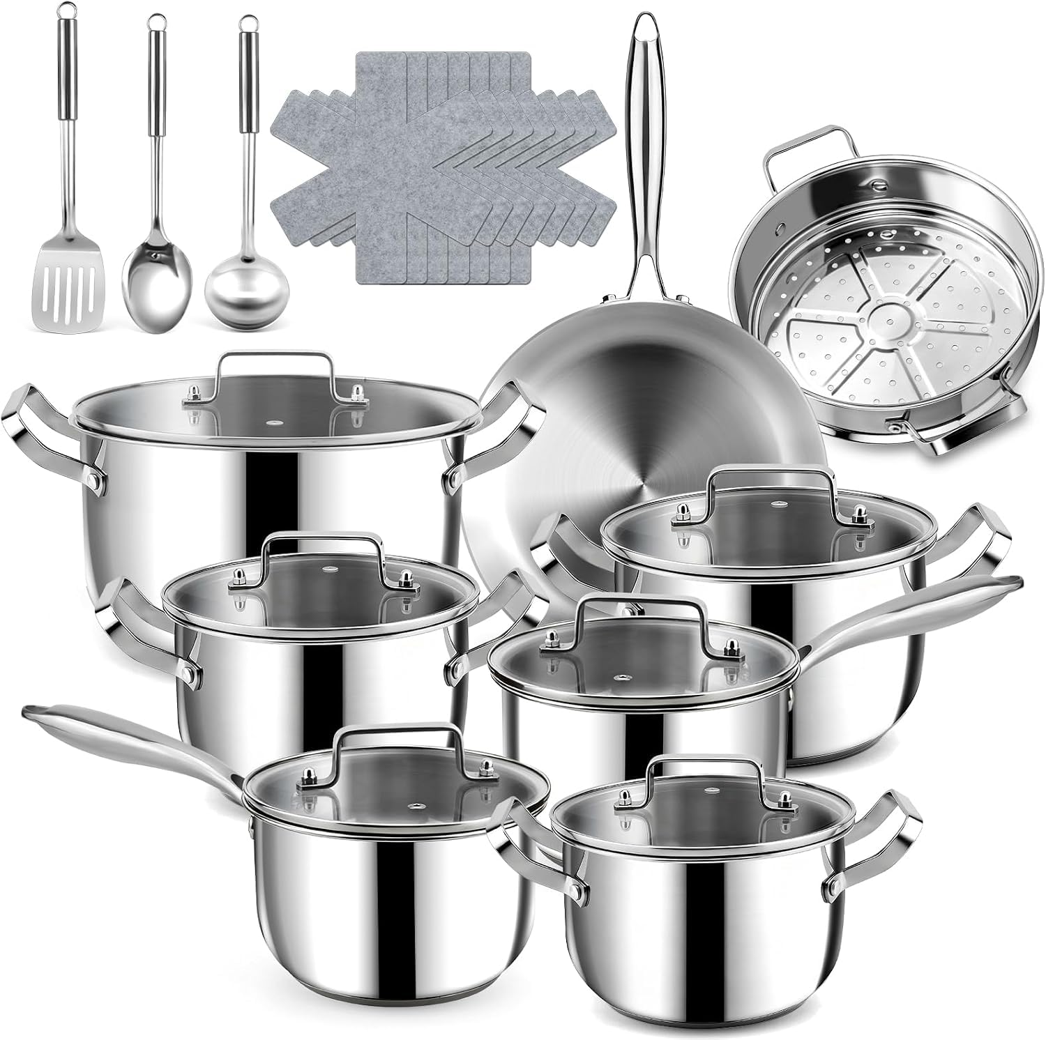 Fruikit Stainless Steel Cookware Set - 24 PCS Kitchen Cookware Sets with 3-Ply Frying Pan and Steamer, Cool Handles, Heavy-Duty Chef Quality, Pots and Pans Set Compatible with All Stoves