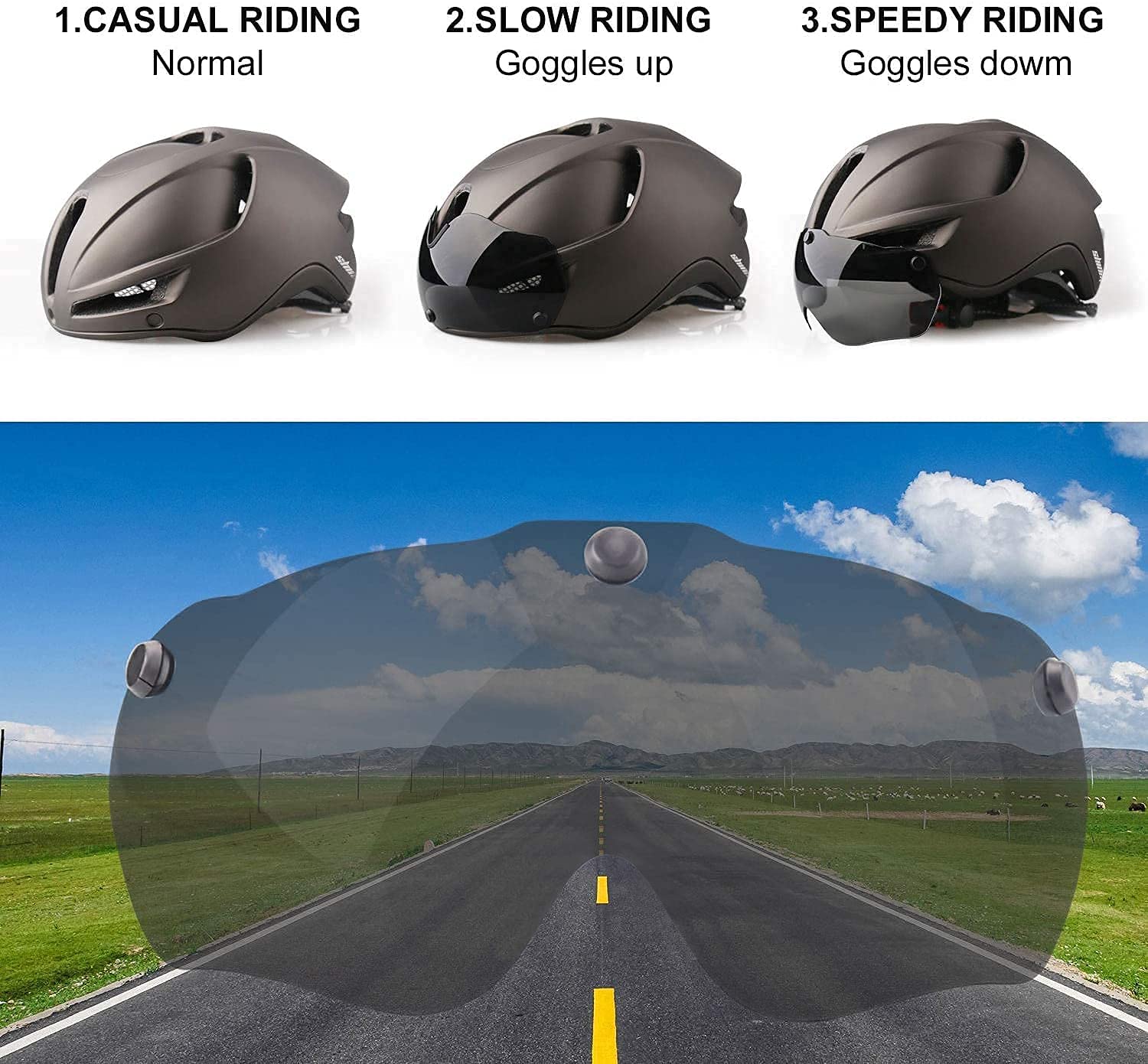 Shinmax Kask rowerowy dla dorosłych, ze światłem USB, kask rowerowy z magnetycznym wizjerem, certyfikat CE, regulowany, lekki kask rowerowy dla mężczyzn i kobiet, z torbą do przechowywania, 57-62 cm
