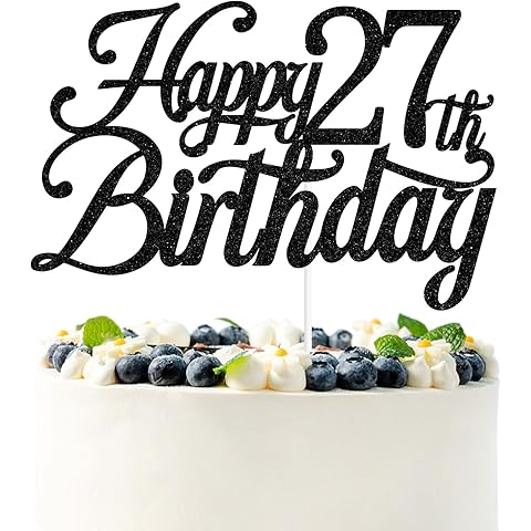 Black Glitter Happy 27th Birthday Cake Topper, Cheers to 27 Years/Level 27 Unlocked/27 Years Loved & Blessed, Funny 27th Birthday Party Decorations Supplies