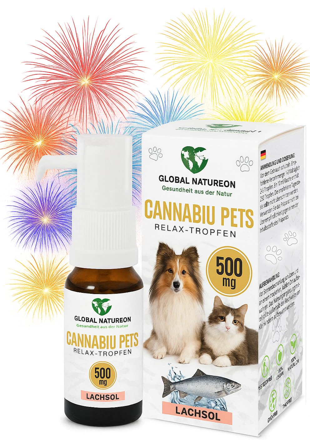 GLOBAL NATUREON® Cannabiu Pets Relax-Tropfen Lachsöl & Hanföl 500mg für Hunde und Katzen aus Samen, Tropfen für Reisen, Tierarztbesuche, Lärm und Fellpflege, Omega 3,6 & 9, 100% Natürlich