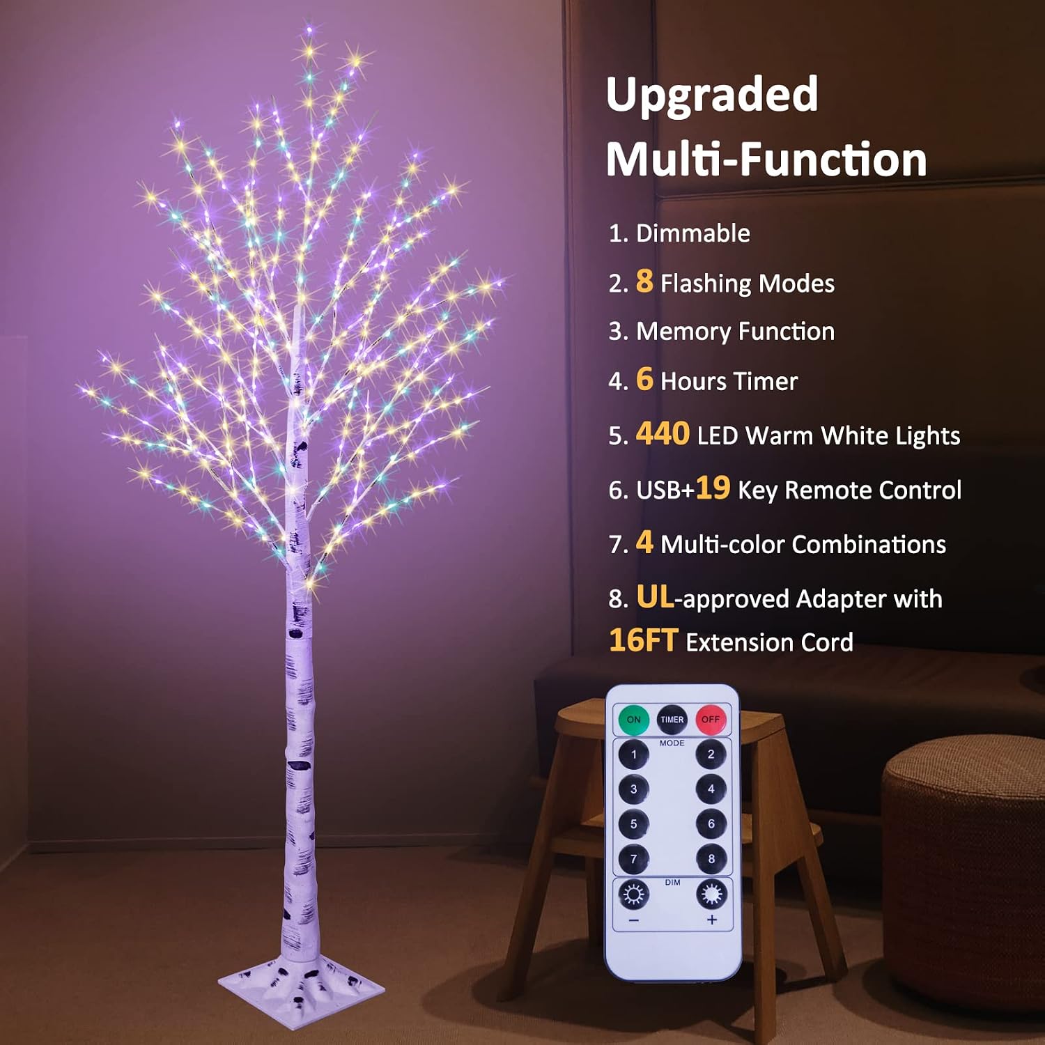 FastDeng 6FT Lighted Birch Tree - 440 Multicolor LED Christmas Tree Lights with Remote, 8 Modes Flashing Warm White Fairy Lights, Timer Function, Dimmable for Wedding Party Indoor Outdoor Decor