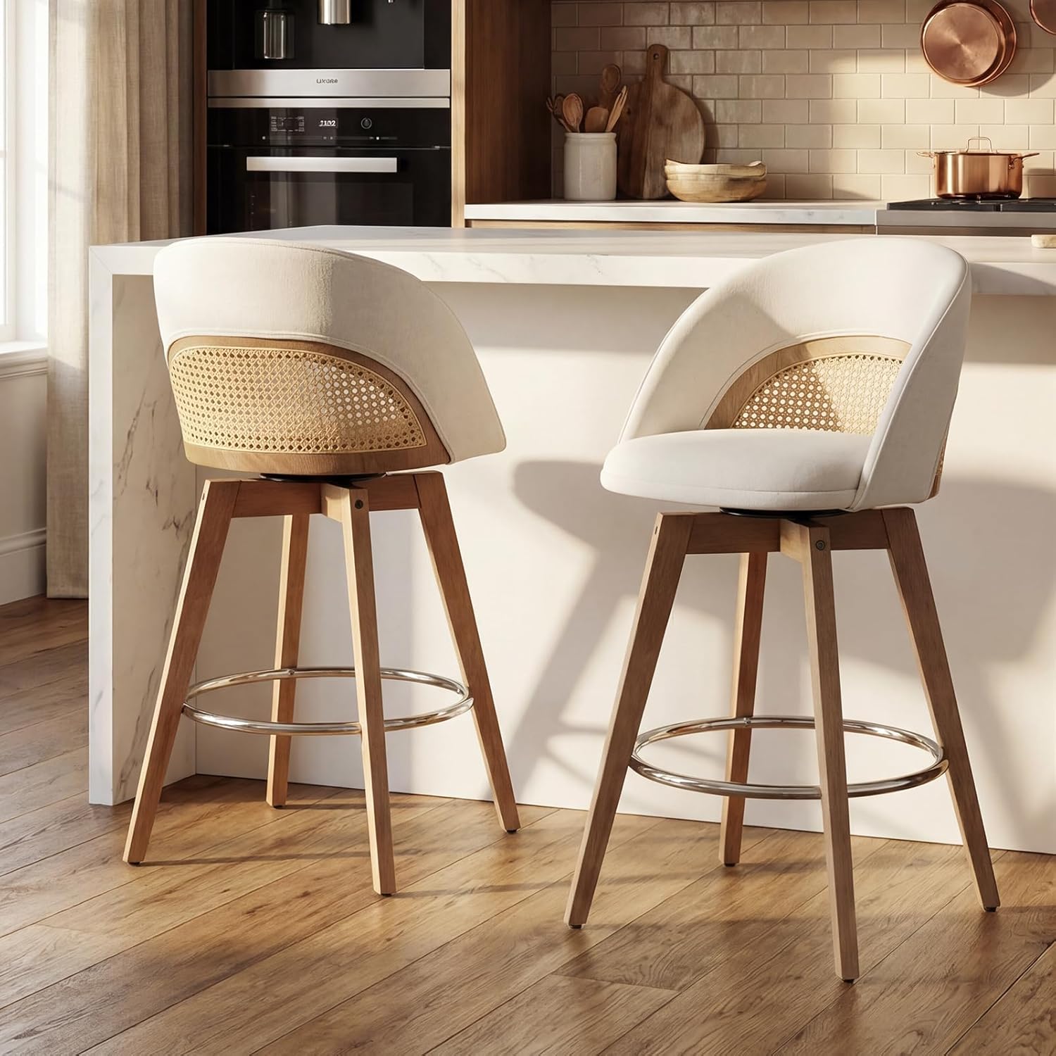 Ya-Home Modern Swivel Bar Stools Set of 2, 26.5” Counter Height Barstools Chenille Upholstered Counter Stools with Curved Back/Sliver Metal Footrest Bar Chairs for Kitchen Island/Home Bar, Beige