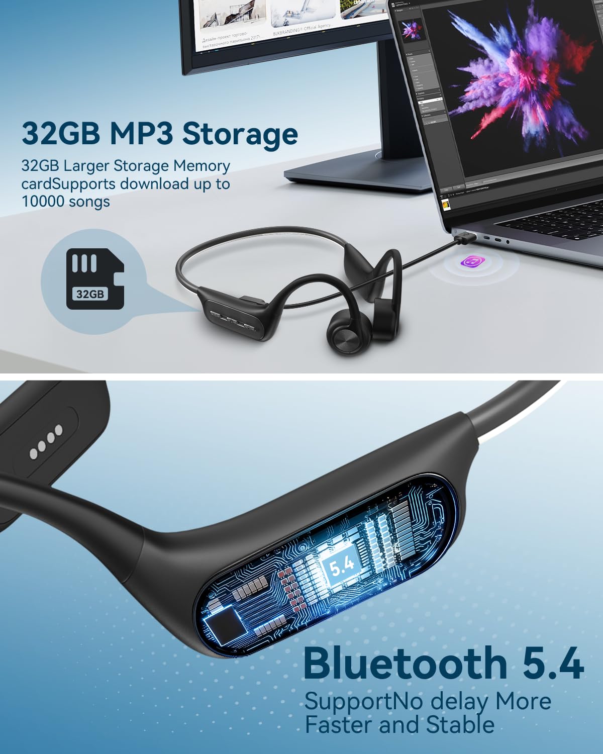 Wantek Kopfhörer Schwimmen, Knochenschall Kopfhörer Bluetooth 5.4, IP68 Wasserdicht,Sportkopfhörer 32G Speicher, Open Ear Headset mit MP3-Player, Unterwasser Ohrhörer zum Schwimmen, Training & Laufen