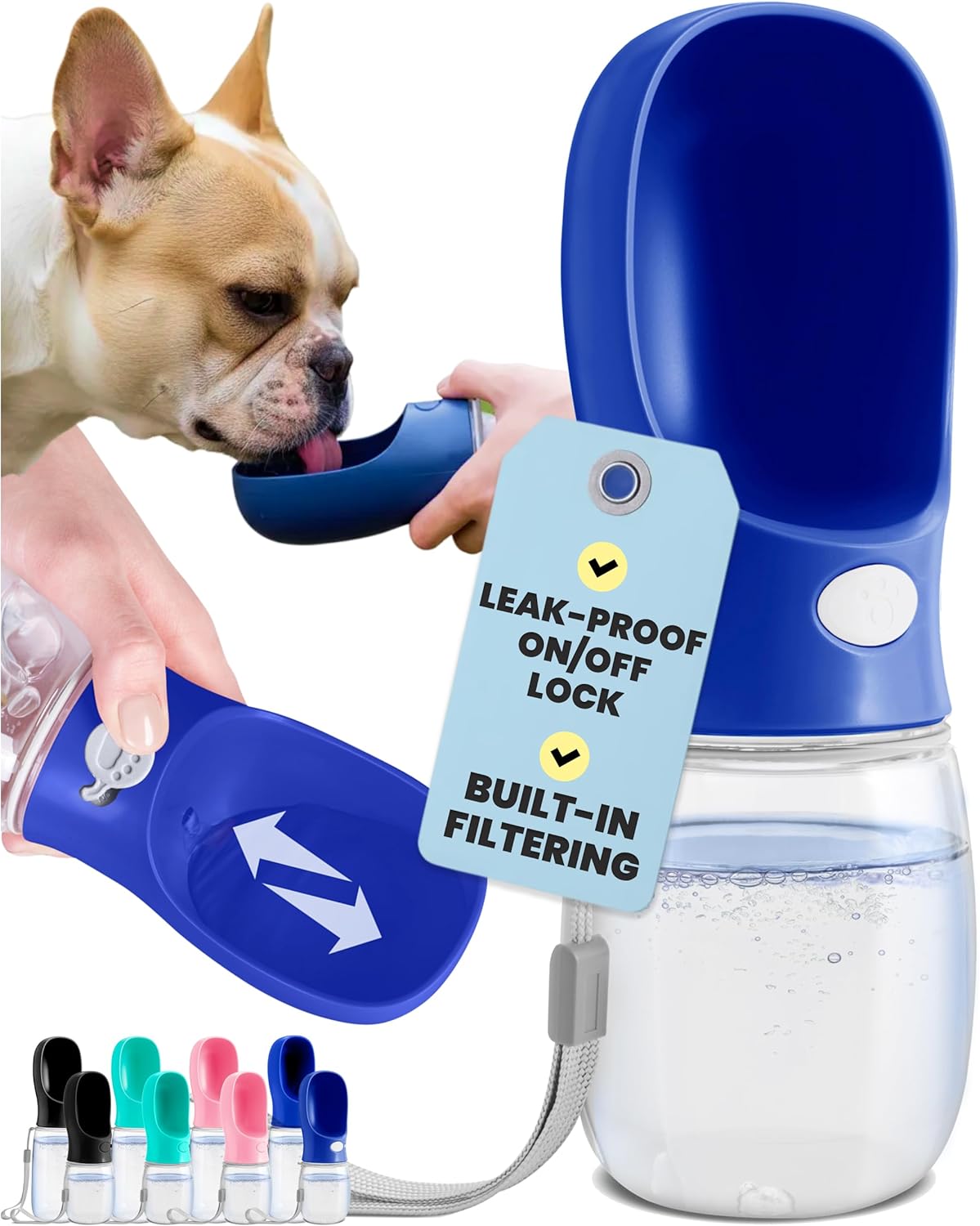 MalsiPree Dog Water Bottle Dispenser for Walks – 12 oz Navy Blue – Leak-Proof Lock & One-Hand Operation – On The Go Dog Water Dispenser- Pet Travel Bottle with Built-in Bowl, for Hiking & Travel