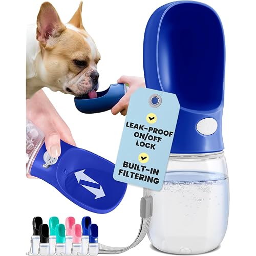 MalsiPree Dog Water Bottle Dispenser for Walks - 12 oz Navy Blue - Leak-Proof Lock & One-Hand Operation - Water Dispenser Pet Travel Bottle, for Travel, Trail Hiking, Park Visit, Camping & Beach Days