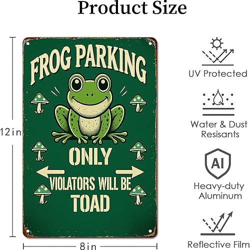 Miniatura 2 de Funny Frog Parking Only - Playful No Trespassing Warning With Coon Frog & Mushrooms Wall Decor Retro Metal Sign Poster for Garage Man Cave Bathroom