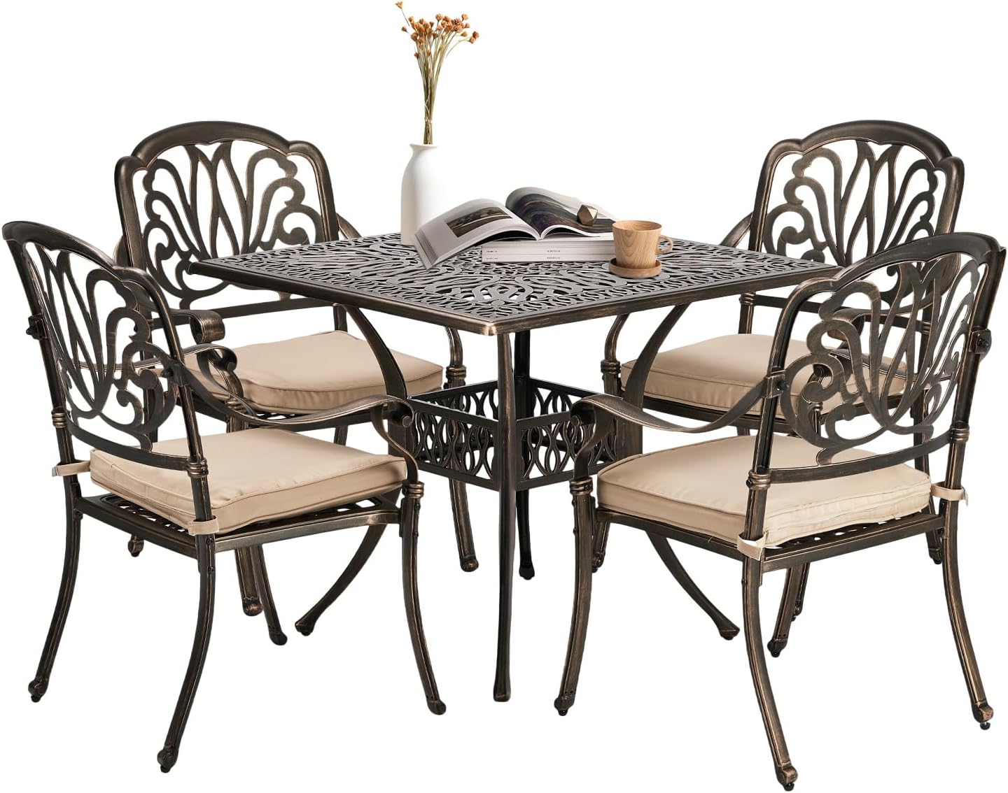VINGLI 5-Piece Outdoor Patio Dining Set, Cast Aluminum All-Weather Outdoor Table and Chairs w/Cushion, Outdoor Furniture Set w/Umbrella Hole for Backyard Deck Poolside (Square, Elizabeth Back)