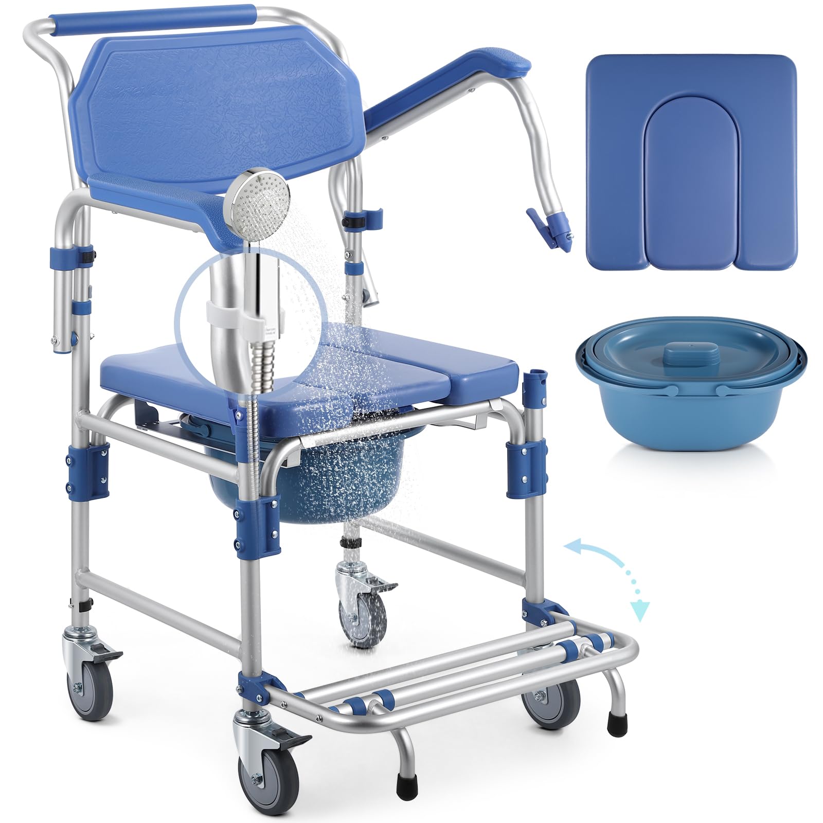 Shower Wheelchair with Drop Arms Lockable Casters, 3 in 1 Bedside Commode, Waterproof Aluminum Shower Chair, Anti-Tilt Foldable Footrest, Sponge Padded Seat, 330lbs Weight Capacity