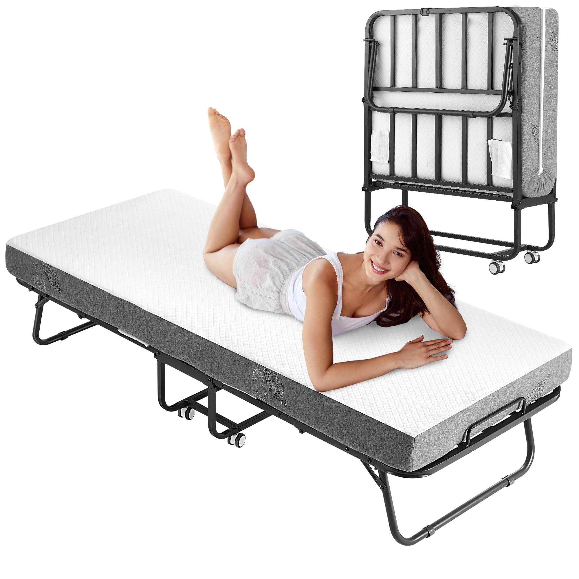 Folding Bed with Foam Mattress, Single Rollaway Bed for Guests, Space Saving Portable Bed with Lockable Wheels, 5" Thick 75" x 31" Twin Size Metal Bed Frame, Easy Assembly & Moving