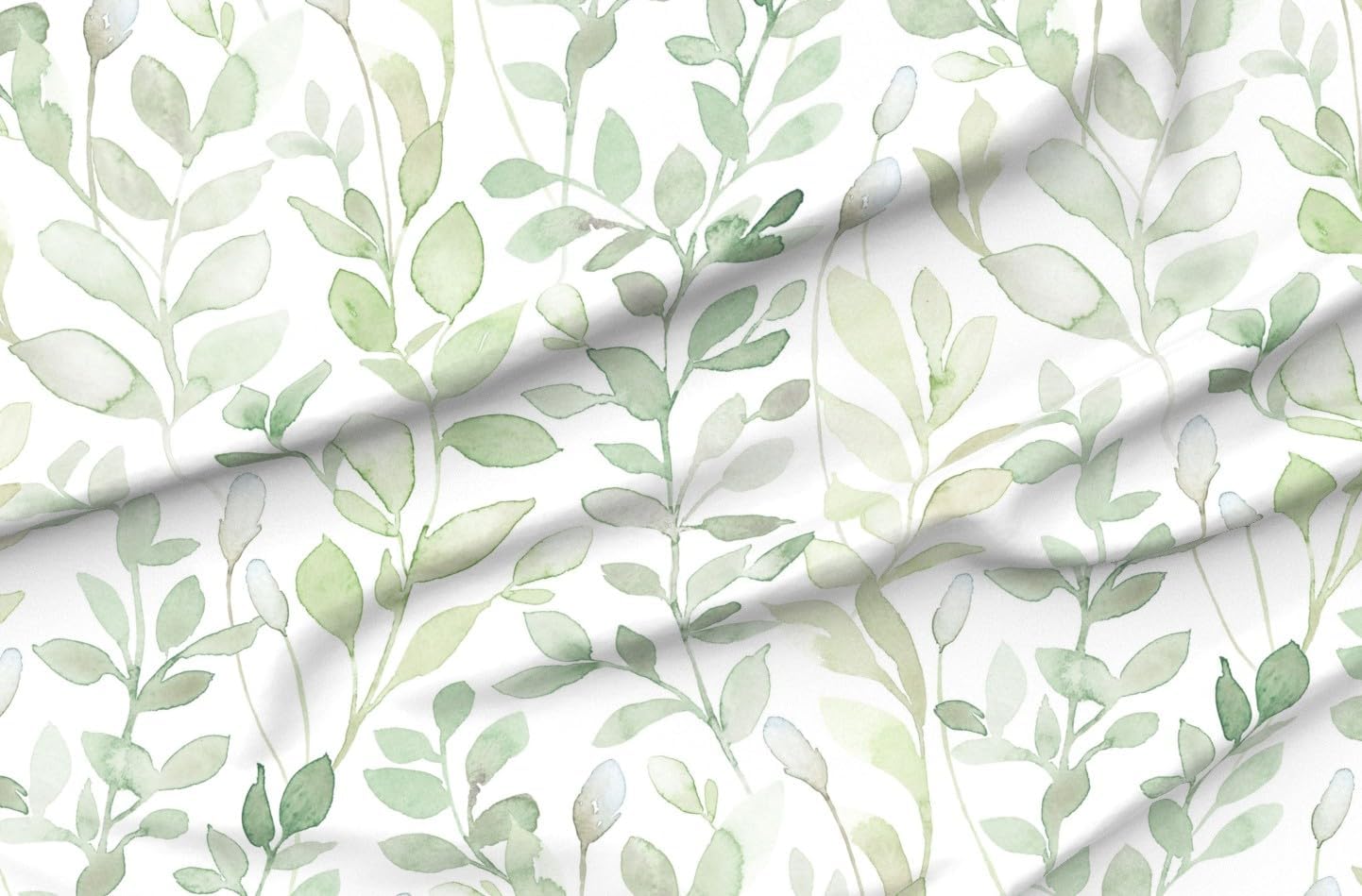 Spoonflower Fabric - Watercolor Botanical Light Green Leaves Spring Nature Forest Summer Printed on Chiffon Fabric Fat Quarter - Sewing Fashion Apparel Dresses Home Decor