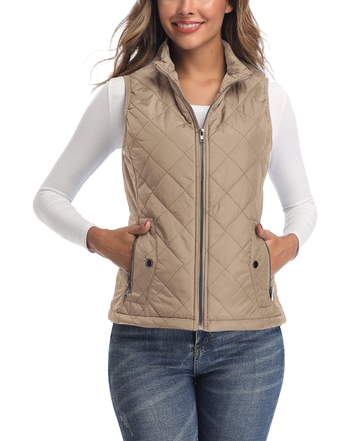 Longking Women's Khaki Vest - Stand Collar Lightweight Zip Quilted Vest For Medium