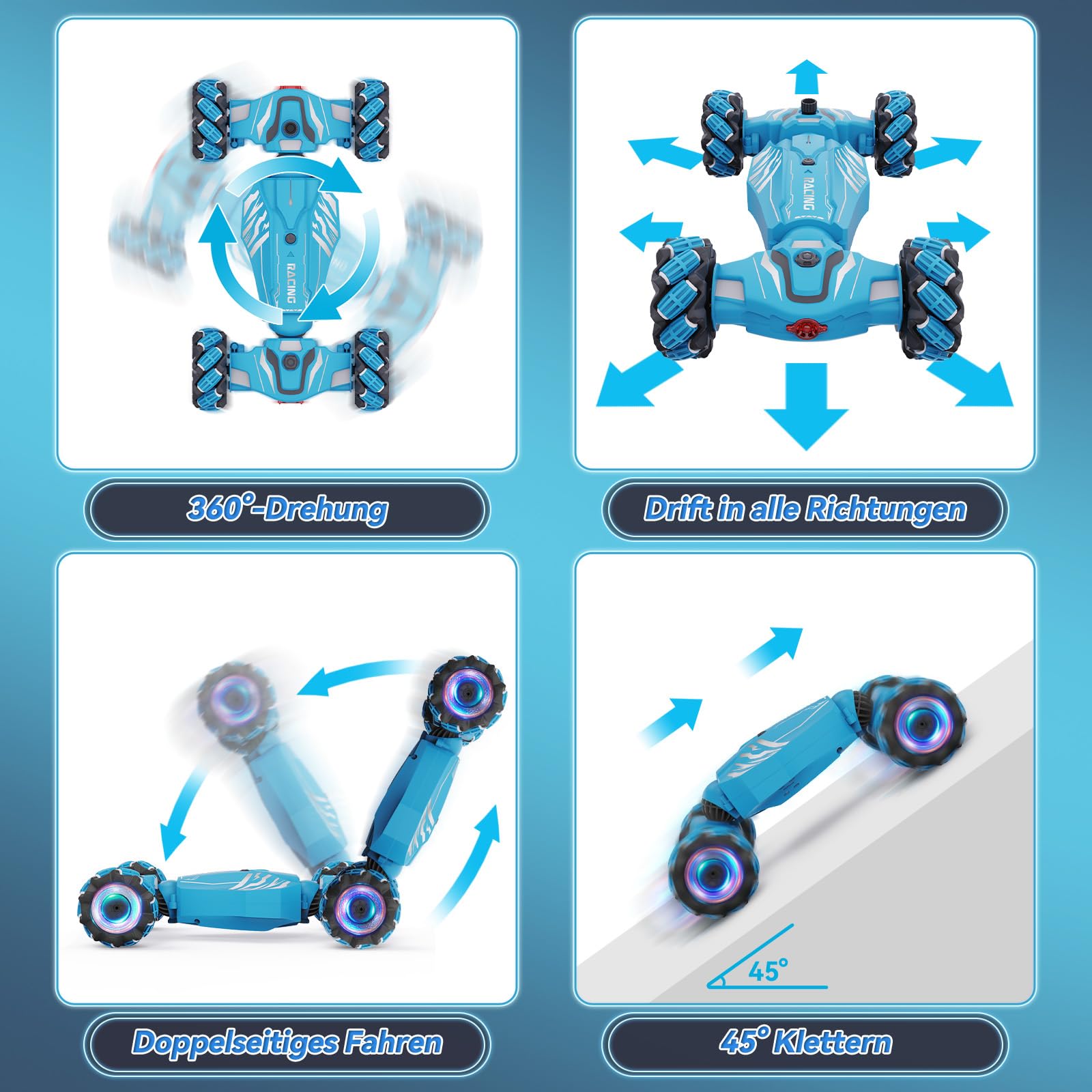 Dysaim Ferngesteuertes Auto ab3+ jahre, 4WD RC Auto mit Handsteuerung, 2.4Ghz 360°Drehung Drift Stunt Car mit Licht Musik Spray, Weihnachten Geschenke Spielzeug für Jungen Mädchen, Blau