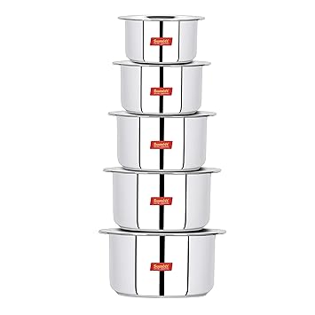 Sumeet Stainless Steel Cookware Set With Lid, 1 L to 3 Liter, 10 Piece (White), Polished