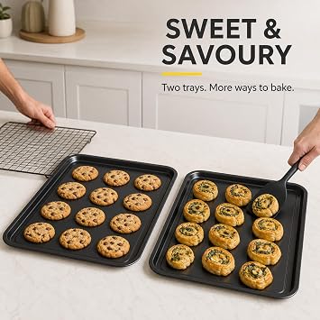 2-Pack Essential 38cm Baking Tray Set - Non-Stick Oven Trays Teflon™ Coated for Baking & Roasting Durable, Dishwasher Safe & Stackable Bakeware for Easy Cleaning & Space-Saving Storage by KITCHENEUR®