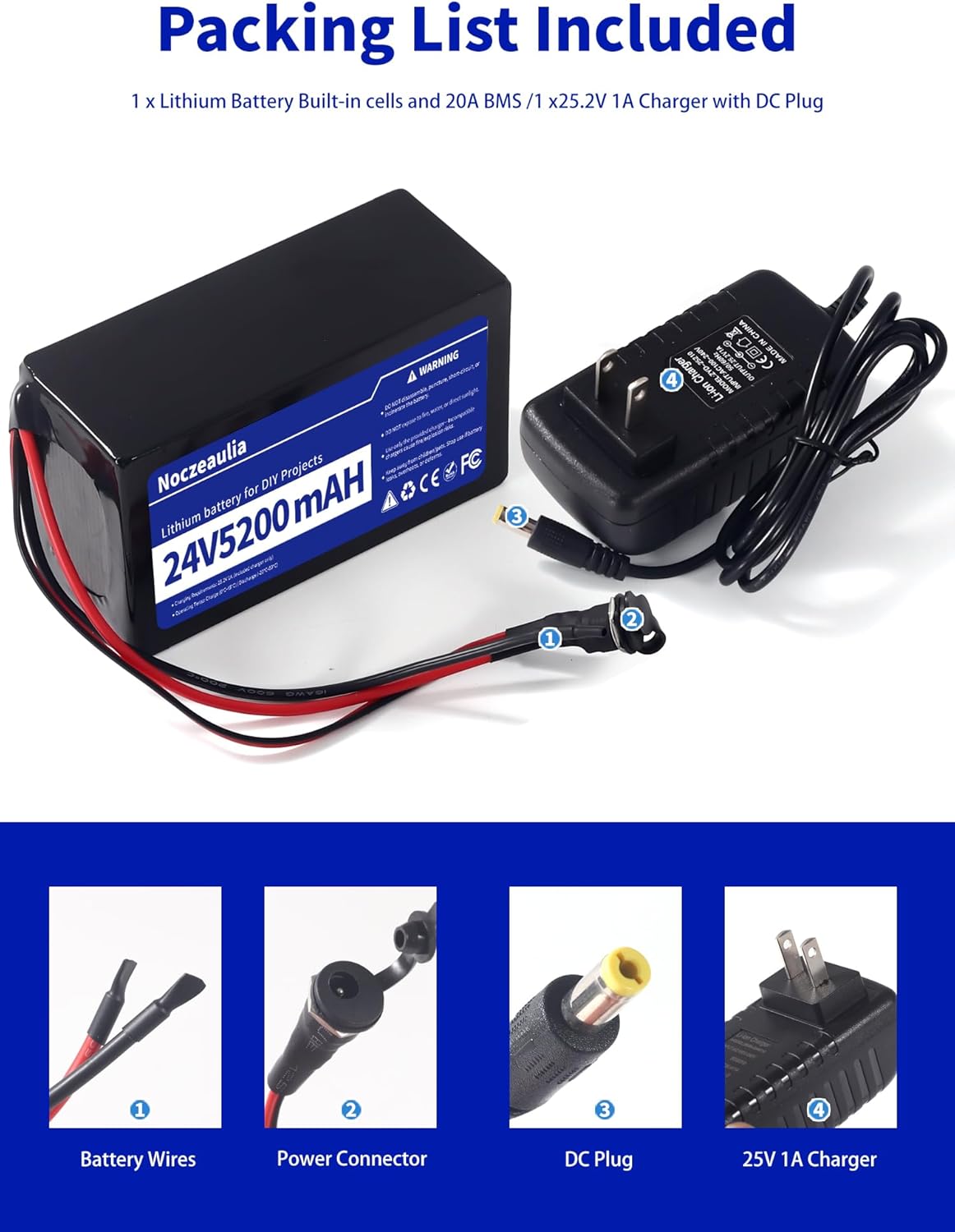 24V 5.2Ah Lithium Battery with 25.2V 1A Charger, 24V Rechargeable Battery for LED Strips and DIY Projects Black - Image 3