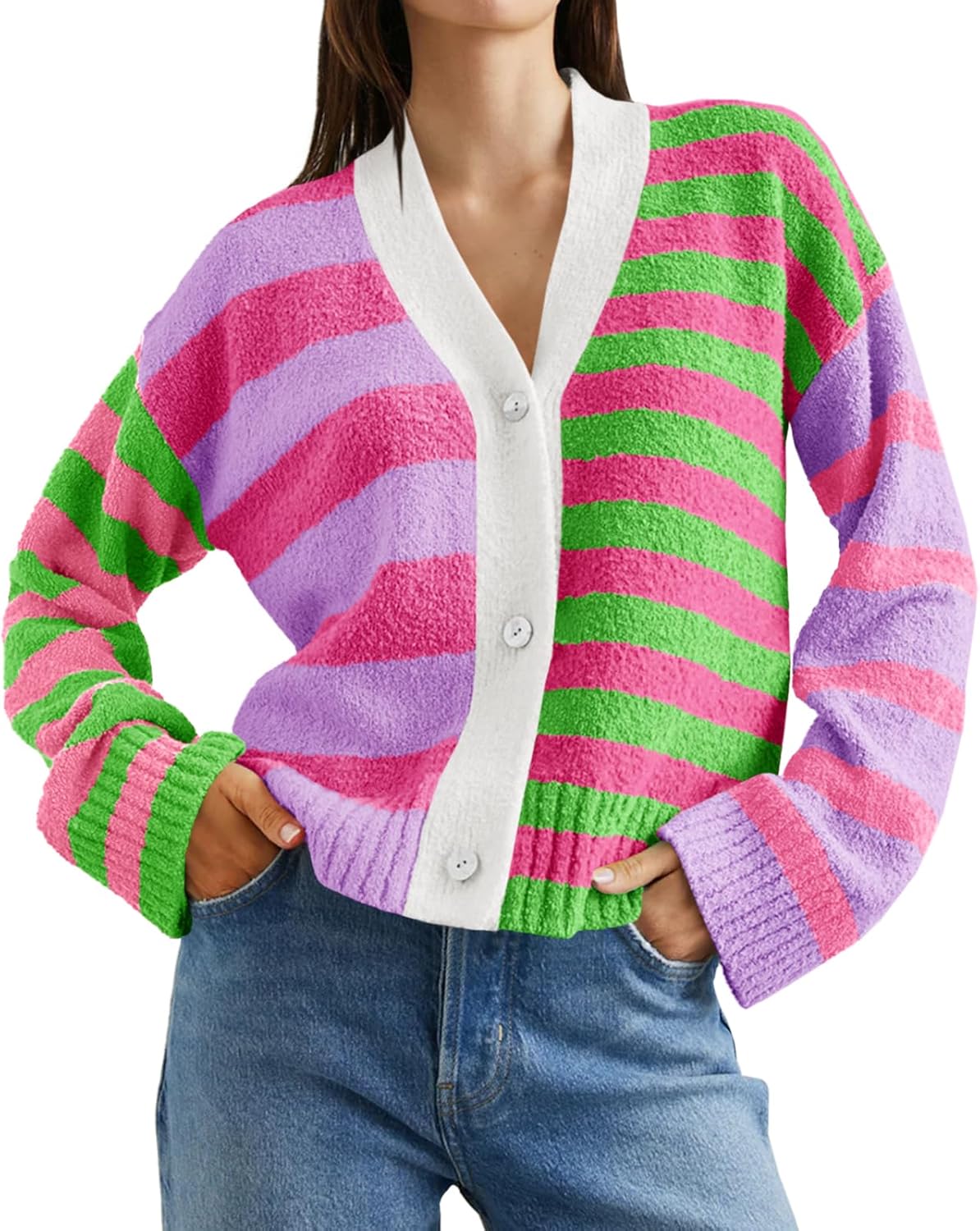 Saodimallsu Womens Striped Cardigan Sweaters V Neck Open Front Button Up Color Block Fuzzy Loose Knit Coats