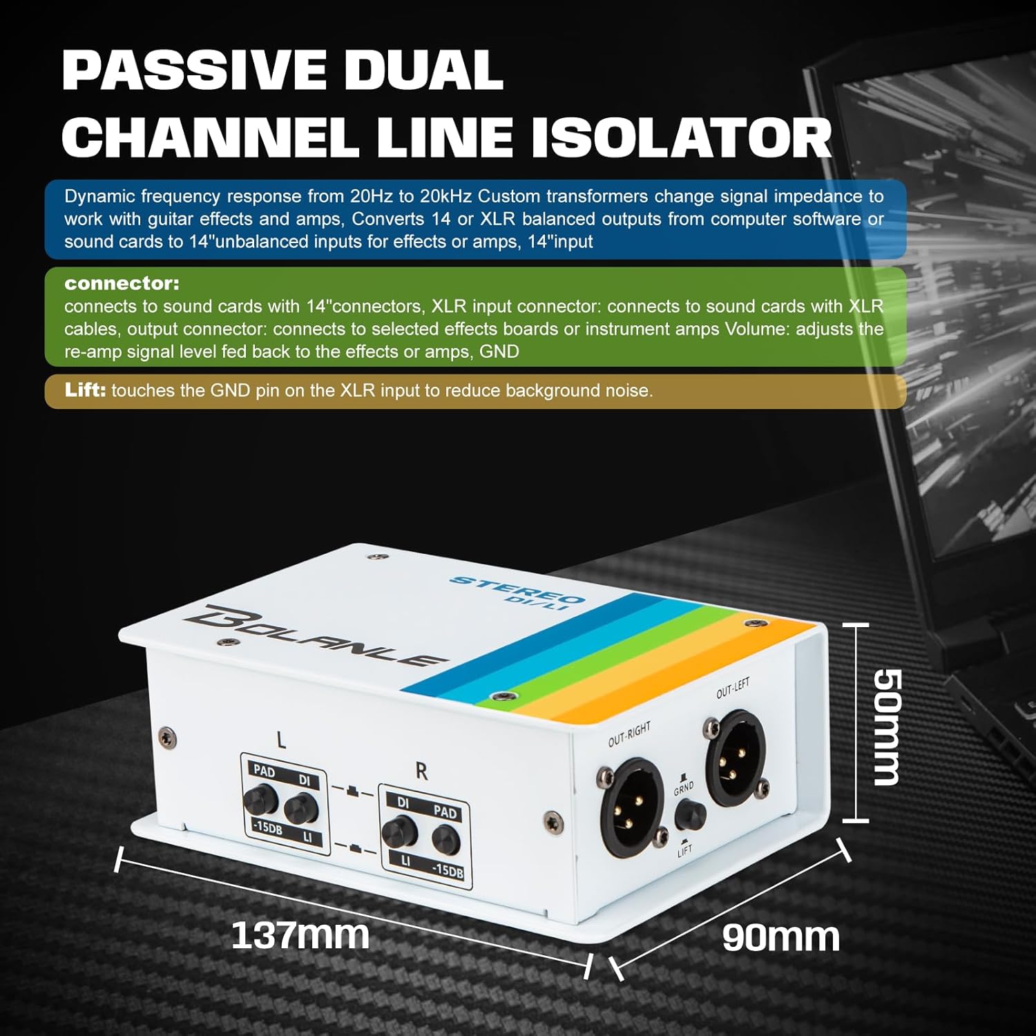 Bolanle Passive Dual Channel DI/LI Box Direct Box Line Isolator, Stereo/Mono Switch for Guitar Bass Keyboard, 1/4 Input XLR Balanced Output, 15dB PAD, GND Lift, THRU Output for Studio Stage Live