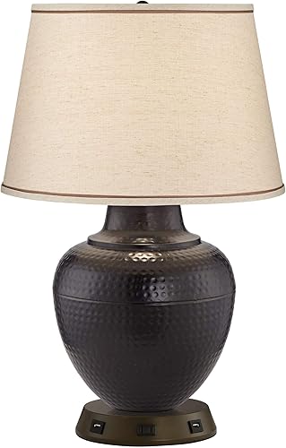 Barnes and Ivy Brighton - Lámpara de mesa rústica de 27 14 pulgadas de alto con USB y toma de corriente de CA en base de bronce martillado, pantalla