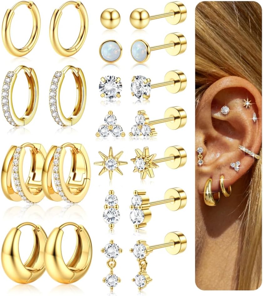 LOYALLOOK Hypoallergenic Flat Back Earrings for Women 14K Gold Plated Surgical Steel Stud Hoop Earring Stacks Dainty Small Huggie Hoops Flatback Stud Cartilage Earring Sets for Multiple Piercing