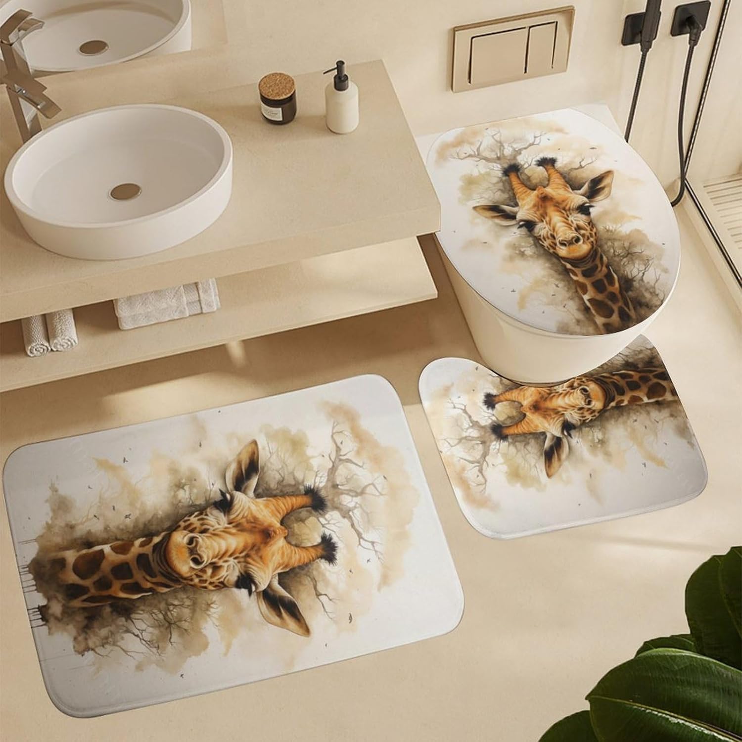 4-Piece Watercolor Giraffe Shower Curtain Set with Non-Slip Rug, Toilet Lid Cover, Bath Mat, Vintage Nature Ink Animal Print Bathroom Decor Includes 12 Hooks