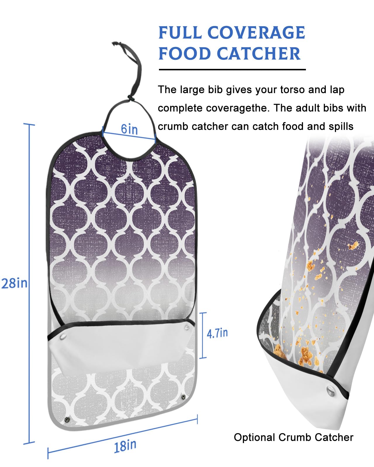Purple Grey Ombre Morocco Pattern Adult Bibs for Eating, Waterproof Bibs with Food Catcher & Adjustable Snap Closure, Modern Moroccan Geometric Clothing Protectors Adult Bibs for Elderly Women/Men