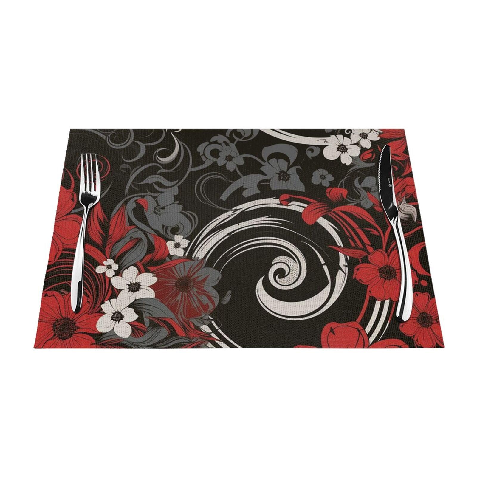 Mxzerfkgla Black Placemats Set Of 6 Pcs Washable Pvc Table Mats Heat Resistant Vinyl Woven Place Mats And Red Pattern Placemats Non-Slip Wipeable Placemat For Kitchen Dining Table Decoration 45 X 30 Cm