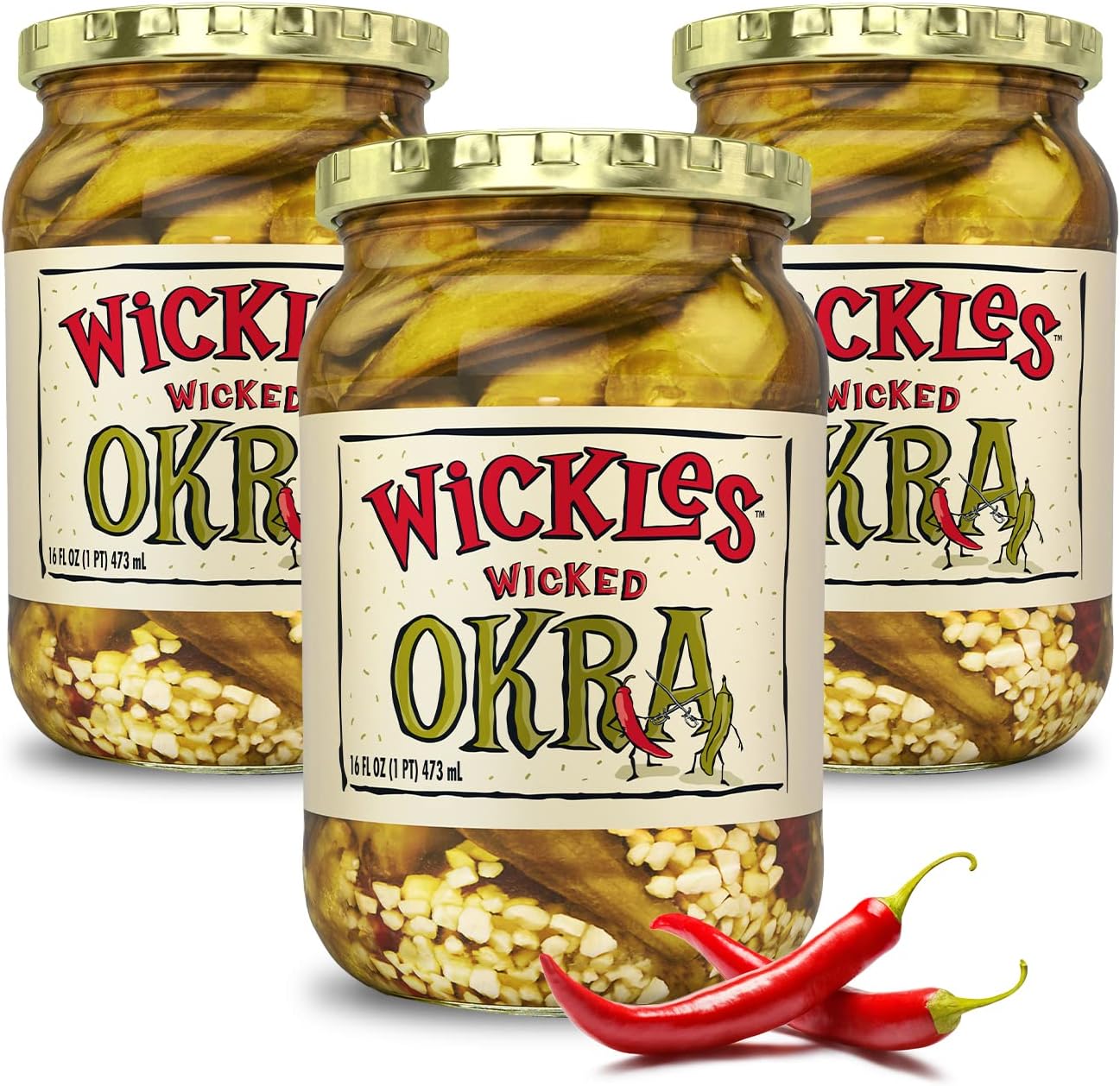 Wickles Pickles Wicked Okra (3 Pack) - Sweet & Spicy Pickled Okra - Slightly Sweet, Definitely Spicy, Wickedly Delicious (16 oz Each)