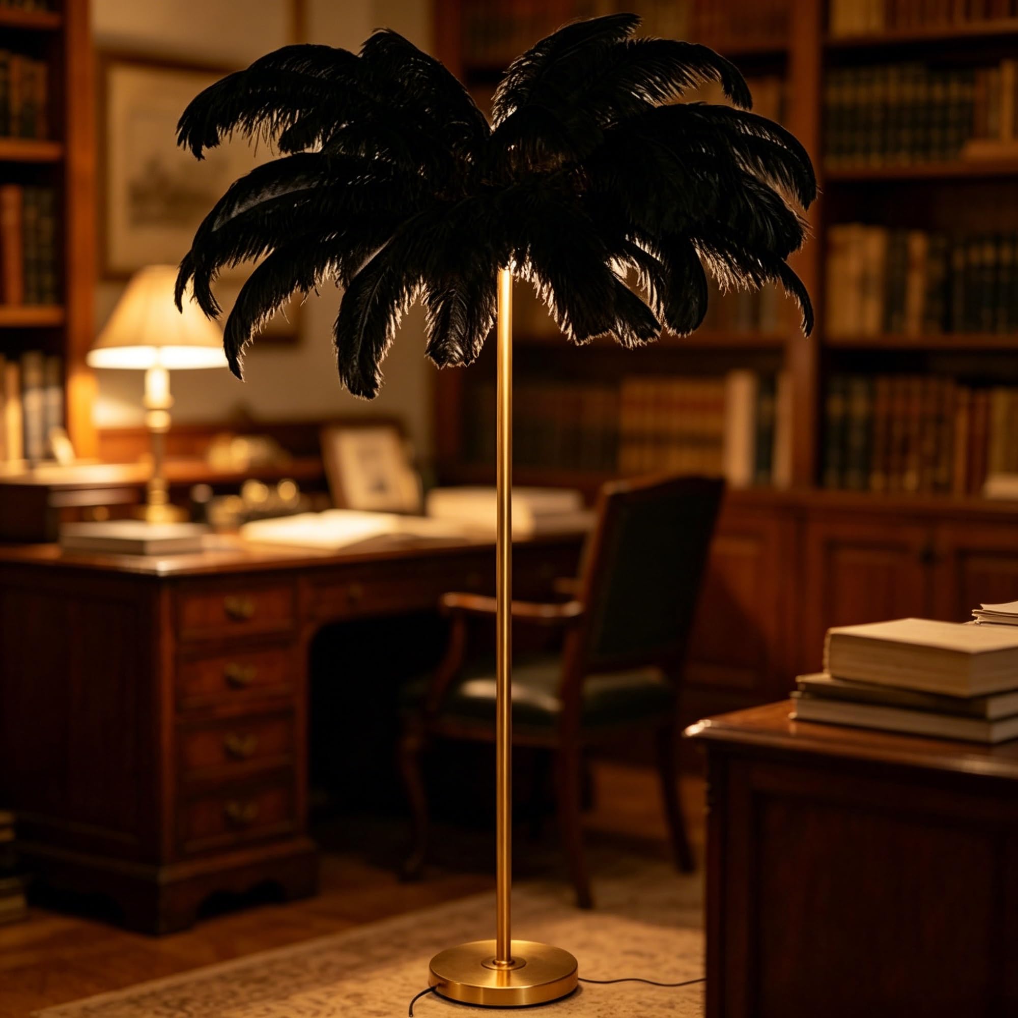 Decorative Fluffy Ostrich Feather Floor Lamp, Ambient Shade Lighting for Home Bedroom Living Space in Black White Optional Shades(Black)