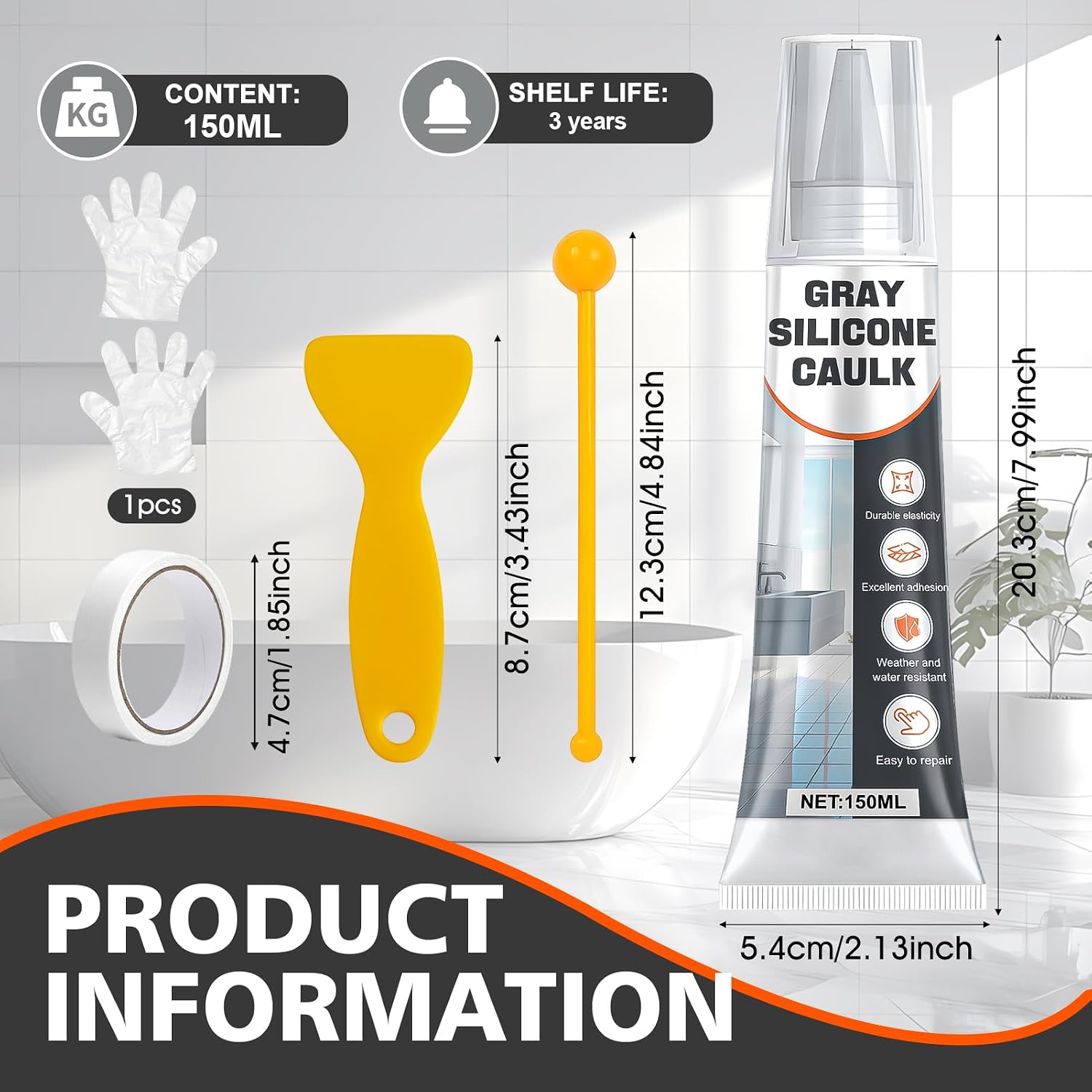 JAOJAO Gray Silicone Caulk, Waterproof Kitchen & Bathroom Sealant, 150ML