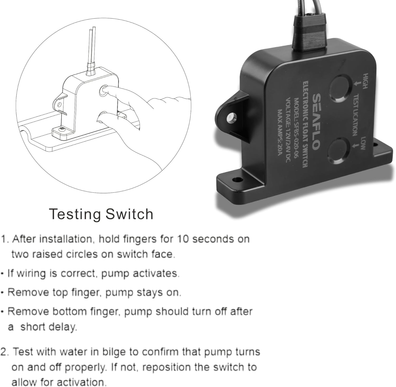 Illustration showing a hand testing the SEAFLO bilge pump switch by touching the sensor pads.