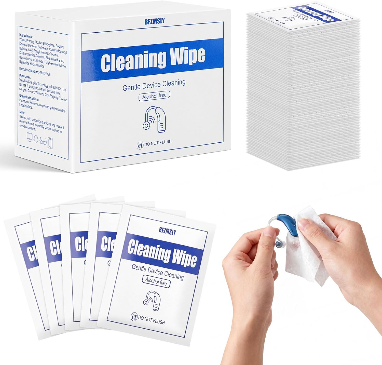 200 Pcs Hearing Aid Cleaning Wipes - Individually Wrapped Alcohol-Free Towelettes, 4.7 x 6.3 inches Thick Durable Wipes for Hearing Aids, Earbuds, Headphones, Travel-Friendly