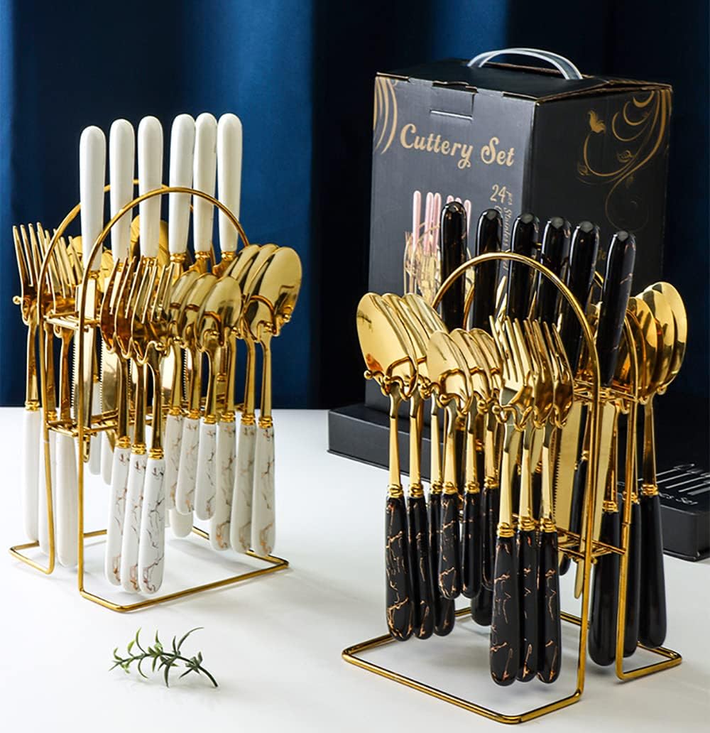 Black Gold Silverware Set With Ceramic Handle Hanging Flatware Organizer 24 Piece Stainless Steel Flatware Set for 6 Spoons Knifes Forks Teaspoons Set Kitchen Wedding Restaurant Cutlery Utensil