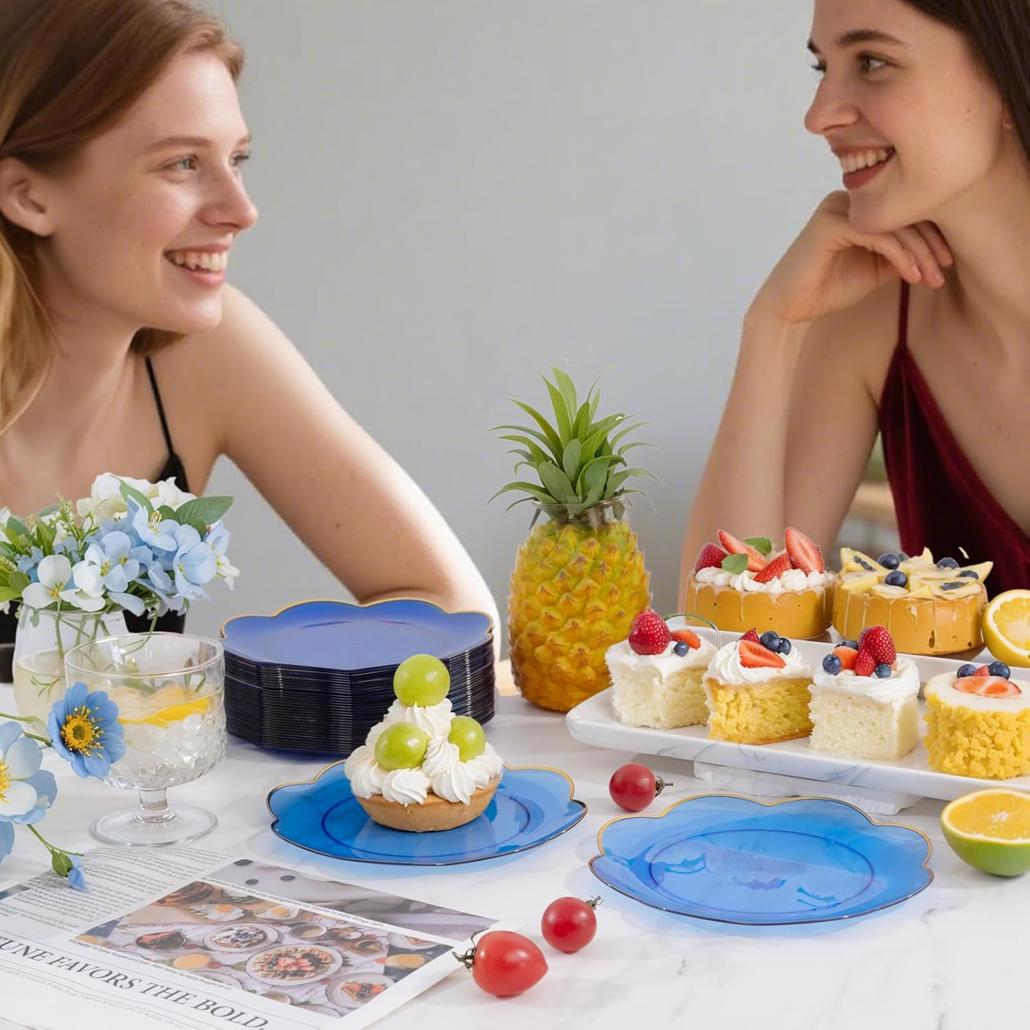 LIYH 120 Pcs Clear Blue Dessert Plates 7.5 Inch Cake Plates Disposable Heavy Duty Gold Rim Blue Plastic Plate for Party Wedding Bridal Showers Decor - Image 9