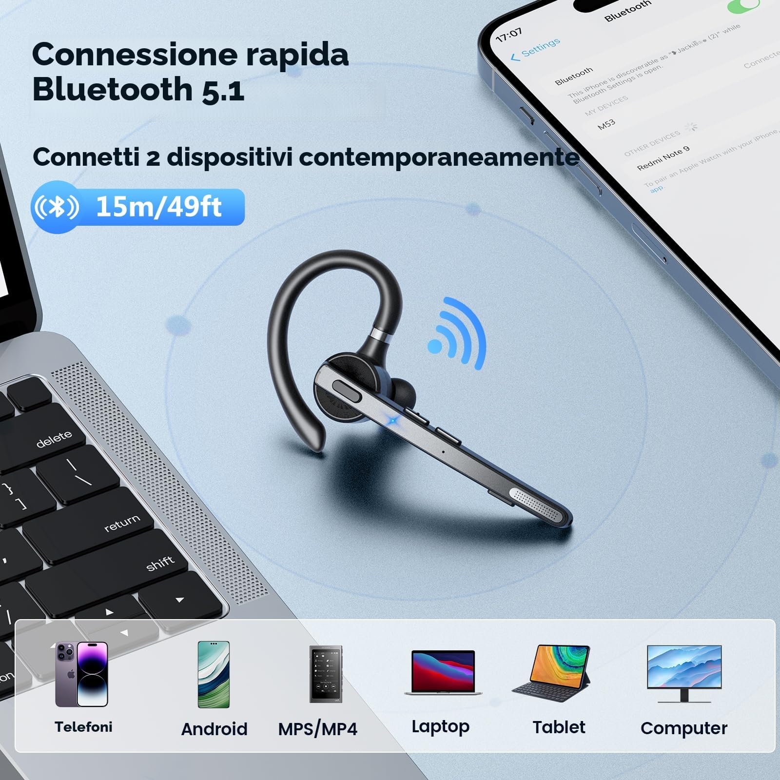 New Bee V5.1 Auricolare Bluetooth Singolo 72Hs Tempo di Gioco Auricolari Mono Bluetooth con Doppio Microfono CVC8.0 per Lavoro Ufficio (1 pezzo)