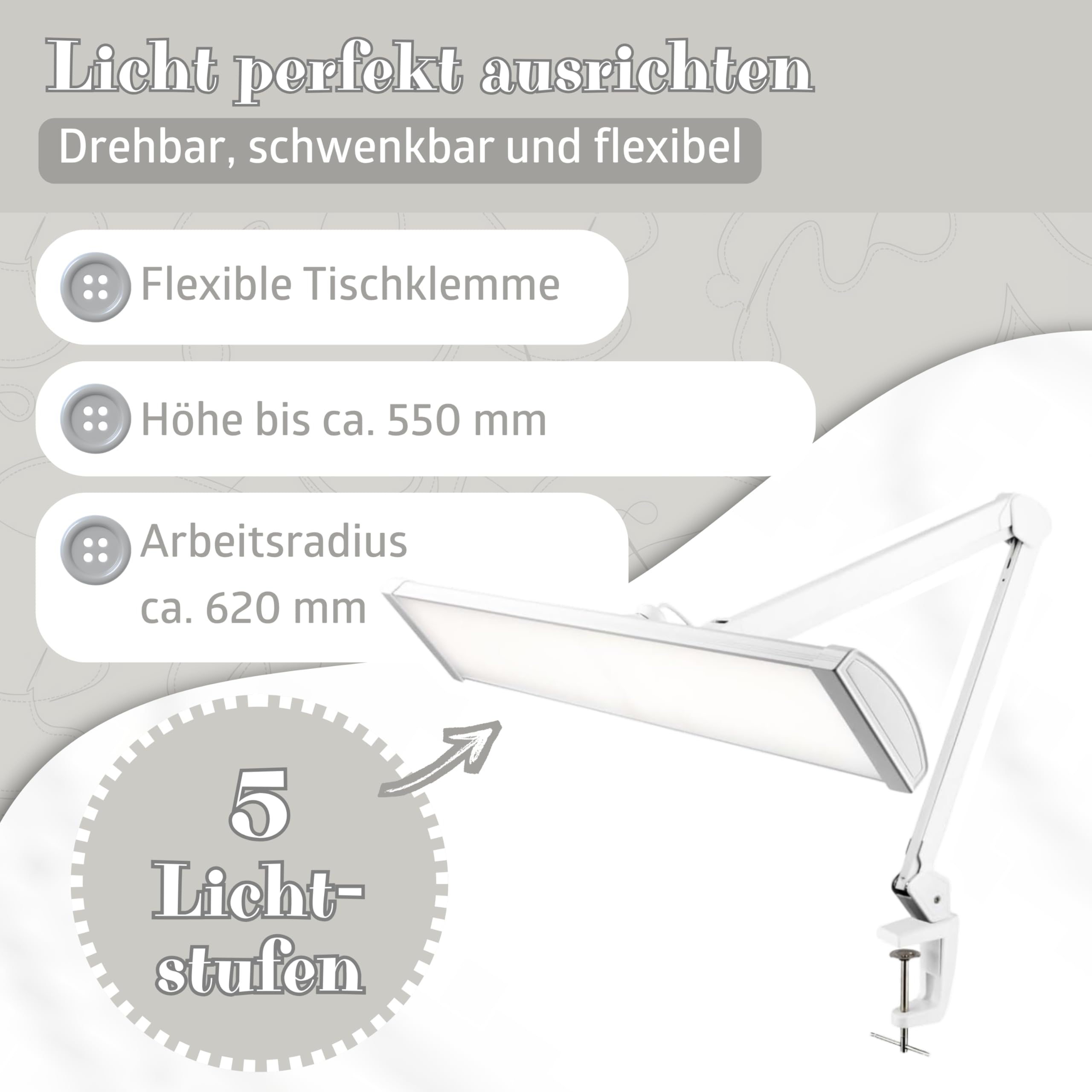 SEMPLIX LED Arbeits-Tischlampe mit 540 LEDs – dimmbar & augenschonend – 5 Lichtstufen – flexibel dreh- & schwenkbar – mit Tischklemme