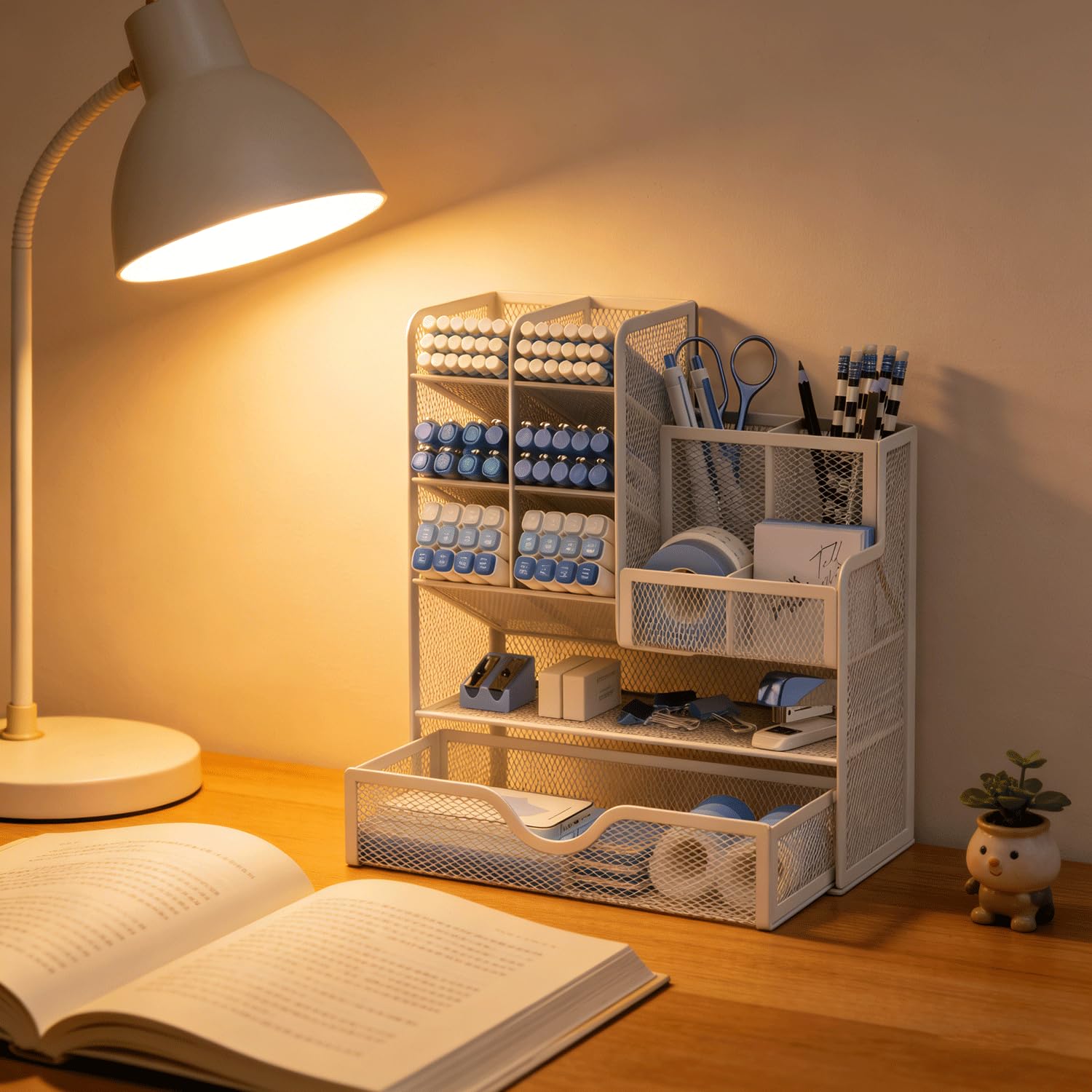 Porte-stylos en maille avec tiroir, porte-crayons multifonctionnel pour le bureau, organiseurs de bureau et accessoires pour le bureau et l'école (S-Blanc)