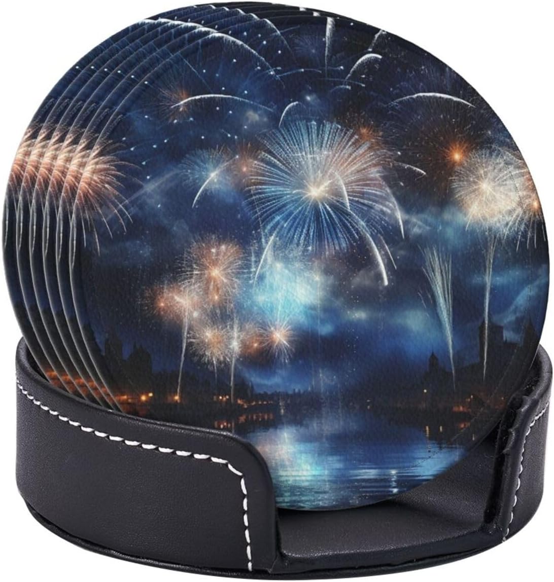 New Year Pyrotechnics Leather Coasters Set of 6 with Holder image 4