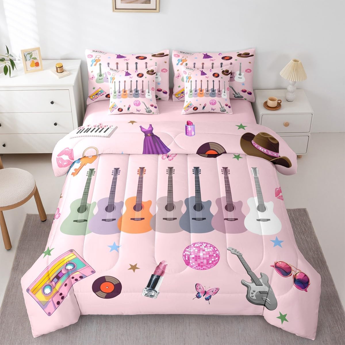 jejeloiu Girls Guitar Bedding Set Twin Size 7 Pieces for Women image 3