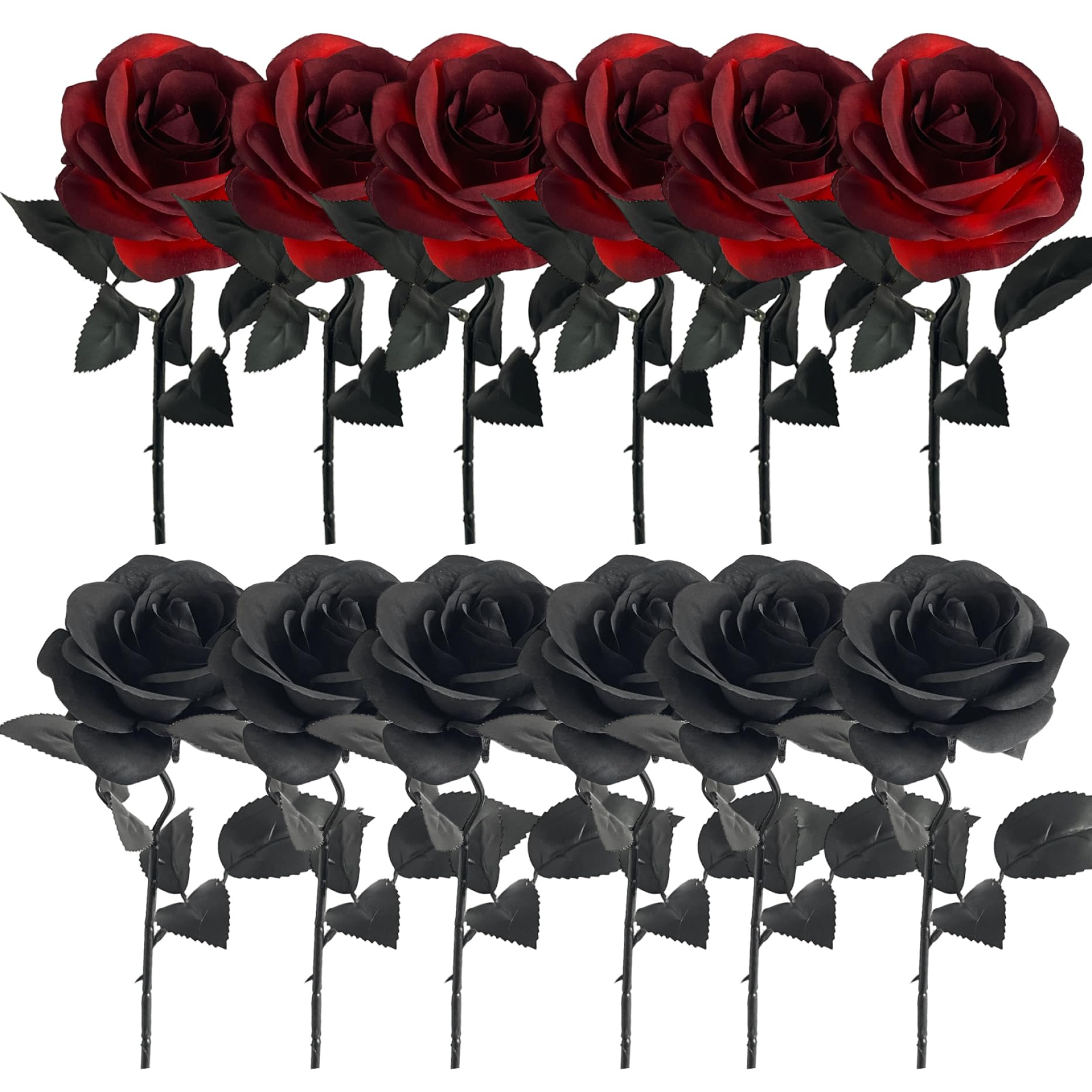 Ngbbby Black + Red 12Pcs Gothic Flowers, 20 Inch Red And Black Silk Halloween Roses Artificial Flowers, Long Stem Faux Roses Bouquet For Wedding Centerpieces Halloween Gothic Decorations