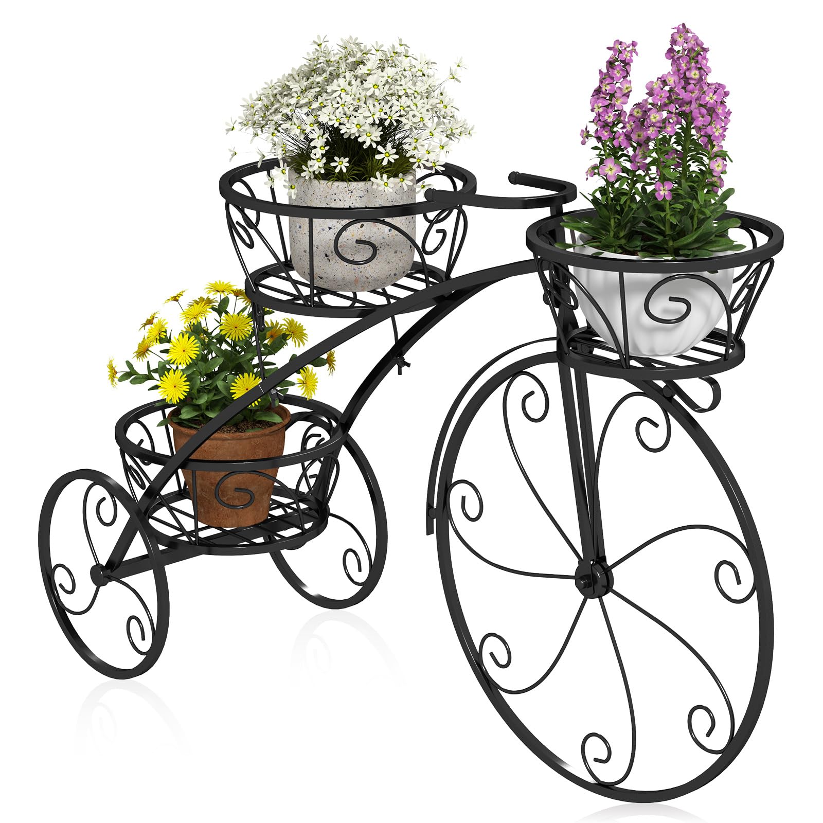 HOMASIS Support de Fleurs en Forme de Vélo, Échelle de Plantes en Métal avec 3 Niveaux, Jardinière pour Plantes, Style Vintage pour Jardin, Balcon, Bureau, Étagèrer, 85 x 25 x 50 cm, Noir