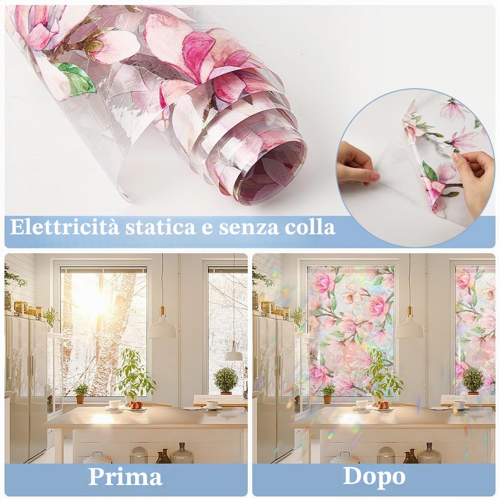 GORGECRAFT Pellicola per La Privacy delle Finestre Arcobaleno da 100x43cm Decorativa 3D Statica Resistente Ai Raggi UV Adesiva con Fiori Rosa Riflettente UV Non Adesiva Anti-Sole per Finestre