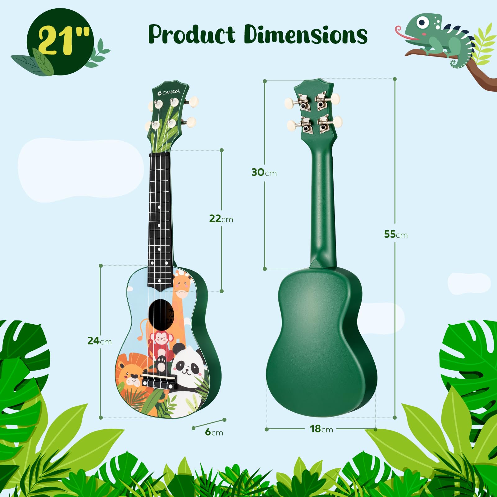 CAHAYA Ukulele soprano con custodia per adulti appassionati: ukulele in tiglio con macchina geared, cinghia, note, corde, panno per la pulizia, 4 plettri, zoo da 21 pollici