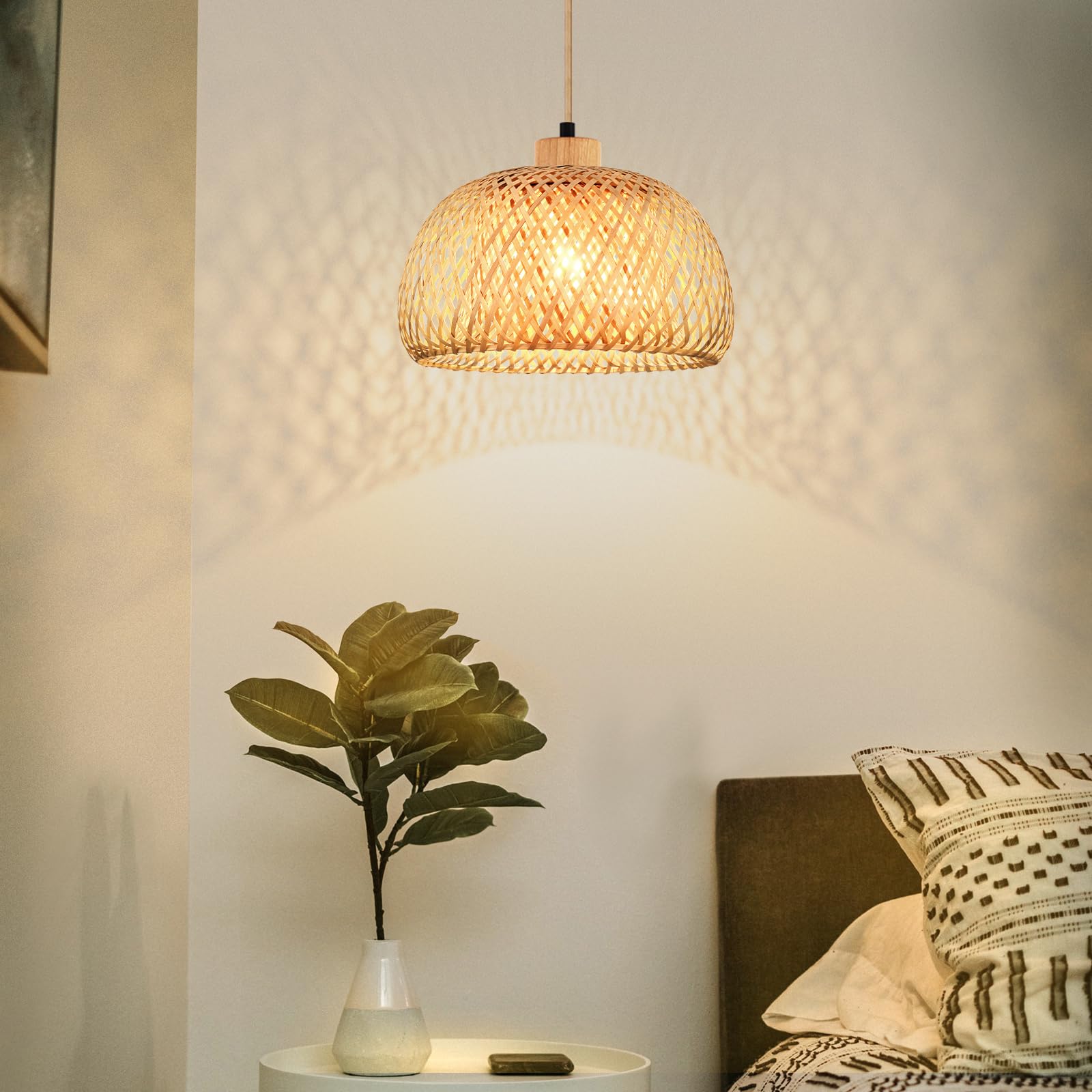 FRIDEKO HOME Hängelampe Rattan Natürlicher Bambus Pendelleuchte Esstisch mit E27 Fassung,Boho Lampe Deckenlampe Korb Lampenschirm Rattan für Schlafzimmer Wohnzimmer Flur Küche