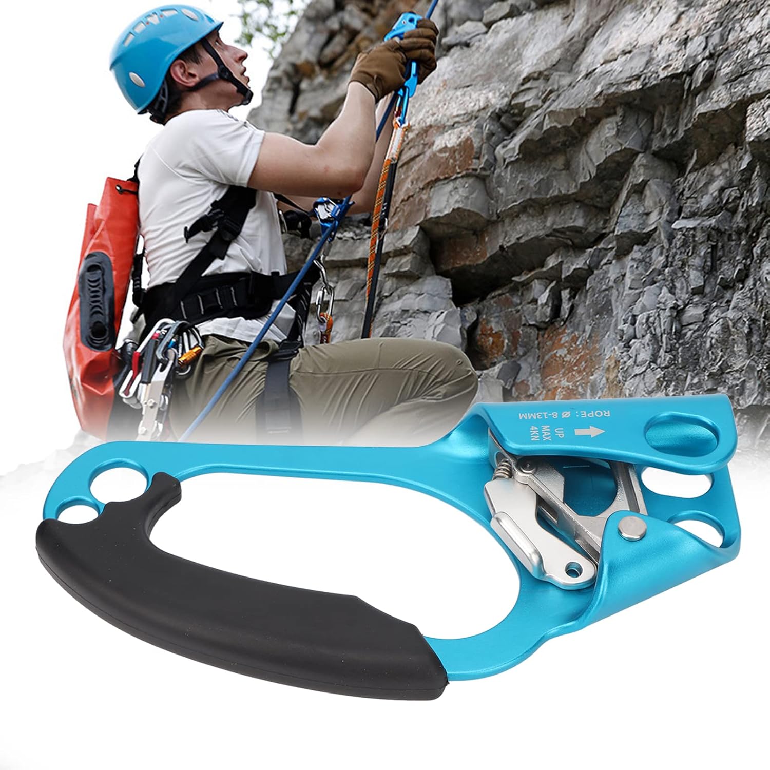 Zooke Hand Ascender, Rock Climbing Tree Arborist Rappelling Gear Equipment Rope Clamp for 8~13MM Rope, Outdoor Mountaineering Tree Arborist Climbing Rappelling Equip Hand Ascender (Right Blue)