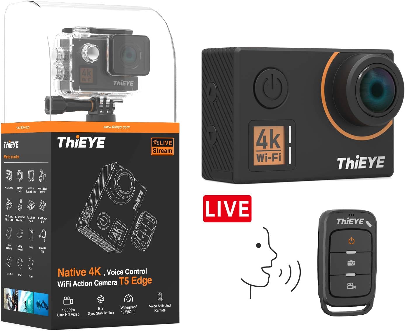ThiEYE Action Camera Native 4K 20MP Ultra HD Video WiFi Waterproof Sports Camcorder with EIS, Voice Control, Remote Control, Live Stream, 170 Wide Angle and Mounting Accessories Kits(T5 Edge)