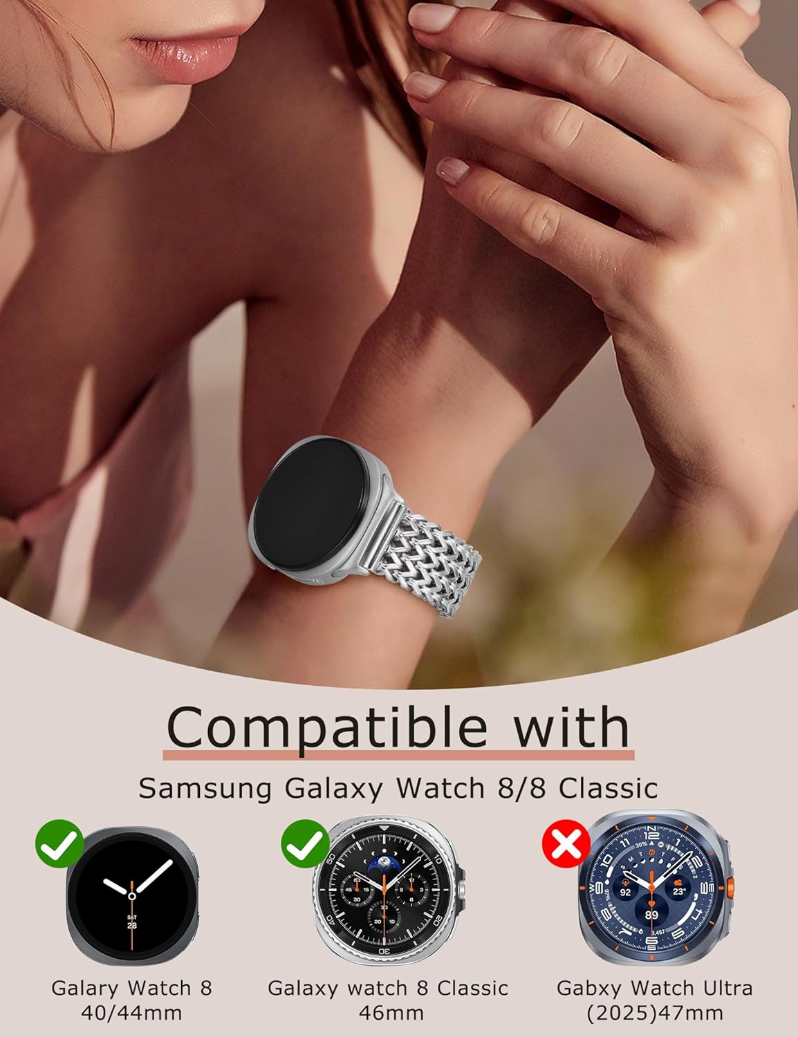 Minyee Metal Band Compatible with Samsung Galaxy Watch 8 40mm 44mm/ 8 Classic 46mm Bands, No Gap One-Click Dressy Stainless Steel Metal Gold Multi-chain Strap Mermaid Style Link Bracelet Wristband - Image 5