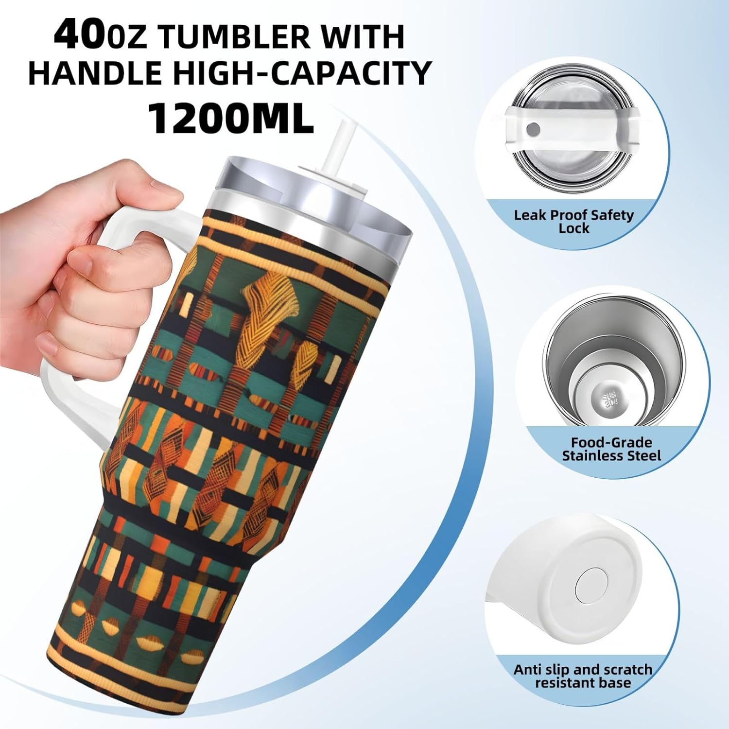 40 OZ African Classic Weave Print Ice Bully Cup with Handle Straw Lid Straw,Stainless Steel Tumbler Coffee Cup